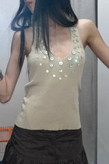 Shell Button Halter Knit Deep V Neck Tank Top