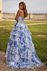 Strapless Floral Print Ruched Elegant Slim Prom Dress