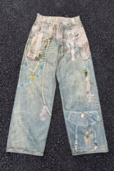 Lace Pearl Chain Printed Vintage Washed Casual Jeans