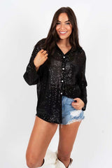 Sequin Collar Long Sleeve Blouse