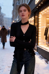 Chic Snood Neck Ribbed Knit Top