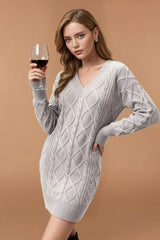 V-Neck Cable Knit Sweater Dress