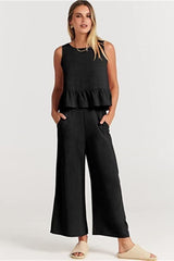 Ruffle Back Button Crop Two Piece Pants Set