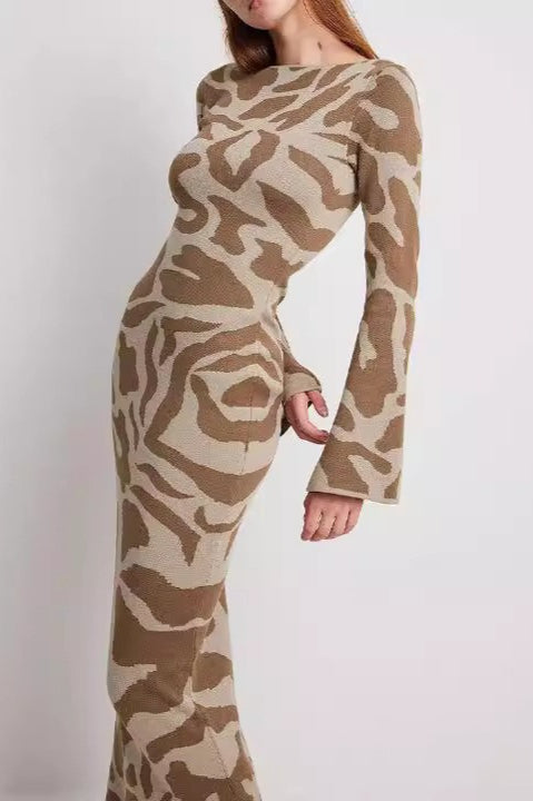 Striped Contrast Slim Knit Sweater Dress Khaki / One Size