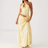 Backless Halter Tiered Skirt Two Piece Set Yellow / S
