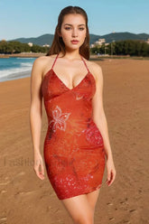 Backless Neck Print Diamond Hip Skirt Spice Girl Floral Dress Orange / XS