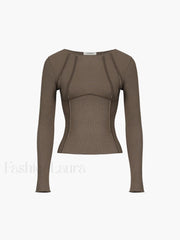 Basic Piping Graceful Long Sleeve Top Brown / XS T Shirts