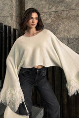 Cropped Fringe Oversized Long Sleeve Sweater