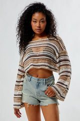Striped Hollow Out Knit Cropped Sweater