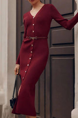 Elegant Slim V Neck Knit Cinched Waist Bodycon Sweater Dress
