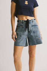 Vintage Washed Loose Fit Denim Drawstring Shorts