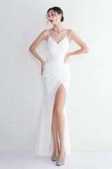 Long Satin Slit Halter Sheath Formal Dress