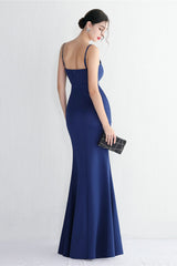 Long Satin Slit Halter Sheath Formal Dress Navy blue / S