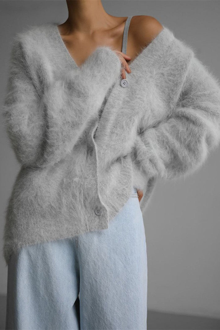 V Neck Fluffy Knit Cardigan Sweater