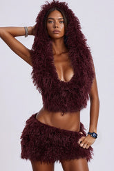 Faux Fur Hooded U Neck Backless Crop Top Mini Skirt Set