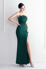 Elegant Feather Trim Strapless Formal Dress S / Green