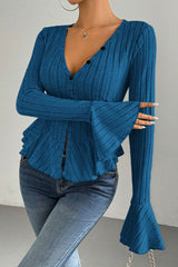 Flounced V-Neck Bodycon Knit Top