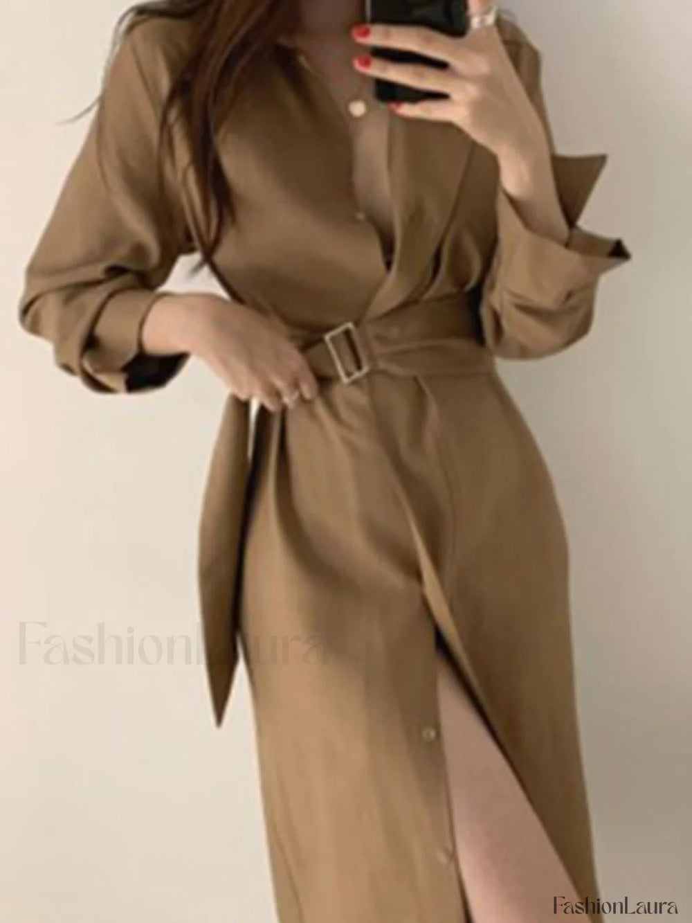 Belted Long Sleeve Shirt Midi Dress Caramel / ONE SIZE Midi Dresses