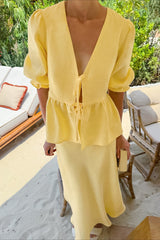 Resort Casual Cotton Linen Puff Sleeve Two Piece Skirt Set