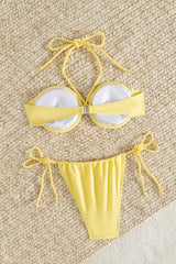 Yellow Twisted Strap Bandeau Push Up Bikini Set