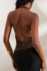 Sheer Sparkling Deep V Cowl Neck Halter Tank Top