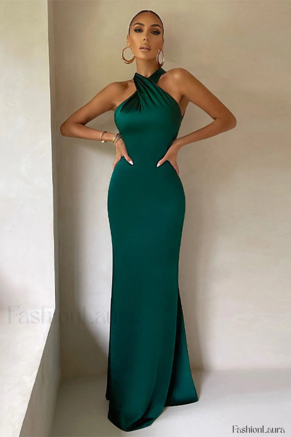 Bianca Cross Over Charming Halter Neck Dress S / Emerald
