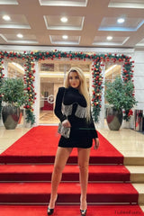 Black Crystal Fringe Charming Velvet Mini Dress