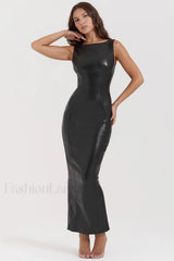 Black Plain Stylish Leather Maxi Dress