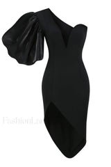 Black Puff Sleeve Charming Asymmetric Midi Dress S / Black