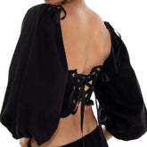 Black Wire Corset Cross Bandage Backless Cropped Tops Blouse