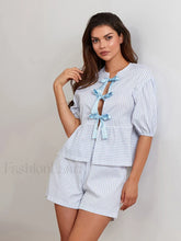 Blue Puff Sleeve Shorts Two Piece Set Light Blue / S