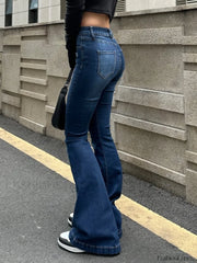 Blue Wash Distressed Stretch Flare Jeans Flare Jeans