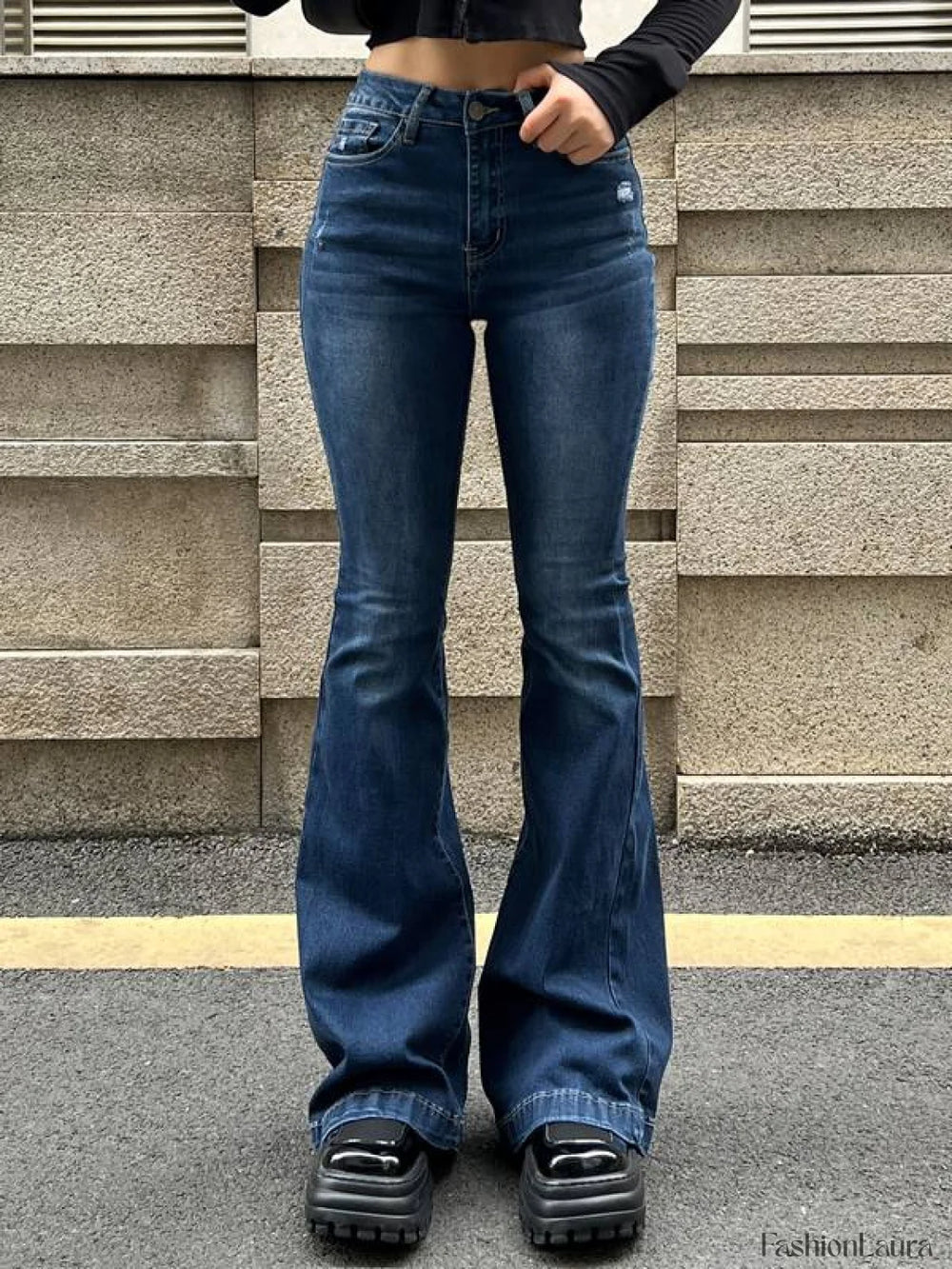 Blue Wash Distressed Stretch Flare Jeans Blue / S Flare Jeans