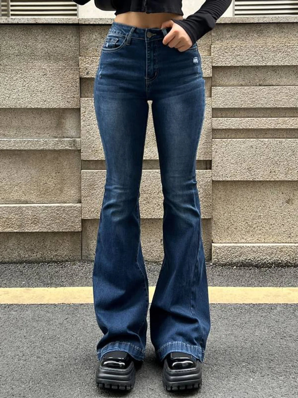 Blue Wash Distressed Stretch Flare Jeans Blue / S Flare Jeans