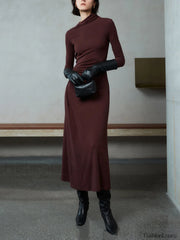 Bodycon Asymmetrical Neck Long Modern Sleeve Ruched Maxi Dress Dresses