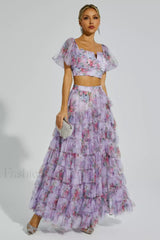 Braylee Purple Stylish Floral Ruched Set
