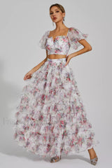 Braylee Purple Stylish Floral Ruched Set