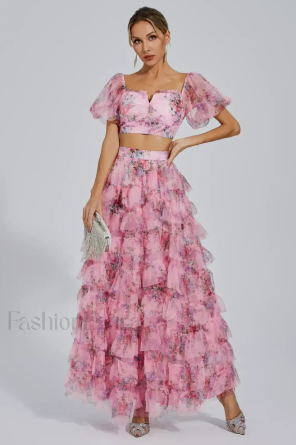 Braylee Purple Stylish Floral Ruched Set M / Pink