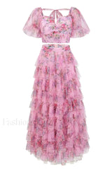 Braylee Purple Stylish Floral Ruched Set S / Pink