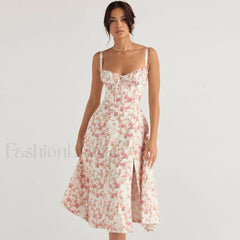 Breezy Floral Printed Lace Up Back Tie String Slit Midi Sundress Pink M / Pink Sun Dresses