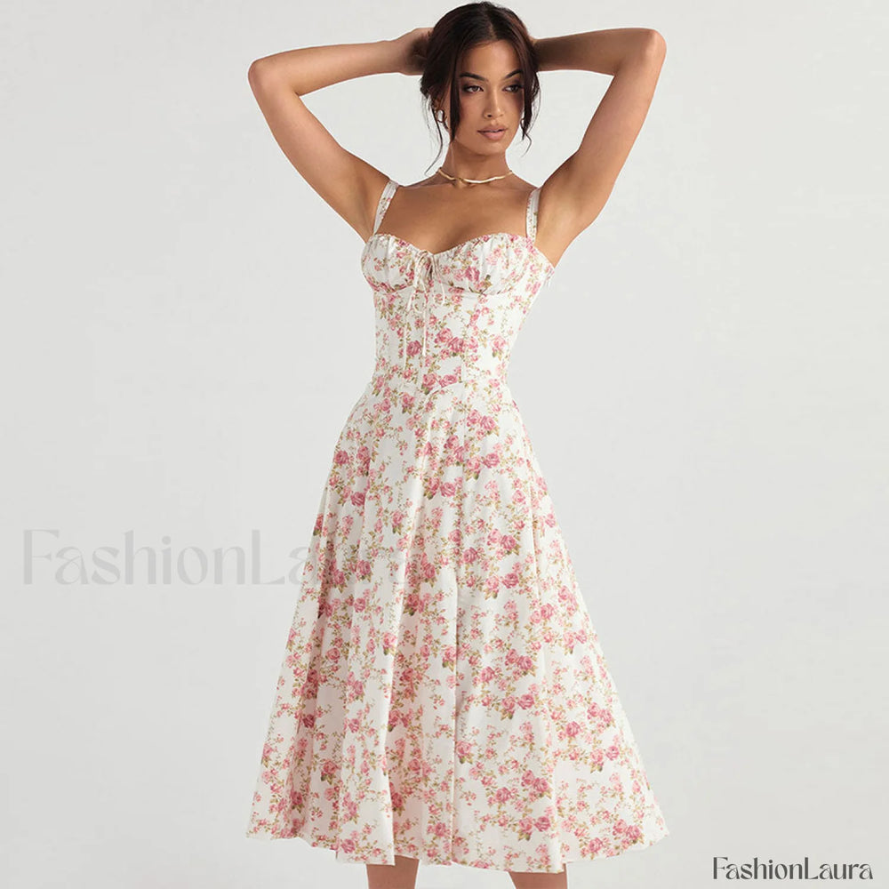 Breezy Floral Printed Lace Up Back Tie String Slit Midi Sundress Pink S / Pink Sun Dresses