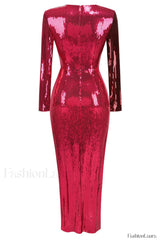 Burgundy Ruched Stylish Sequined Maxi Dress