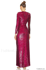 Burgundy Ruched Stylish Sequined Maxi Dress