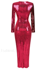 Burgundy Ruched Stylish Sequined Maxi Dress
