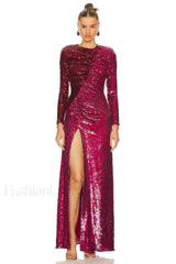 Burgundy Ruched Stylish Sequined Maxi Dress