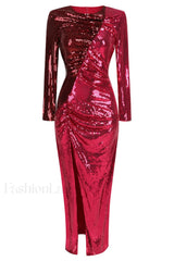 Burgundy Ruched Stylish Sequined Maxi Dress S / Burgundy