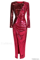 Burgundy Ruched Stylish Sequined Maxi Dress S / Burgundy