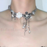 Butterfly Love Pearl Tassel Sweet Cool Necklace SILVER