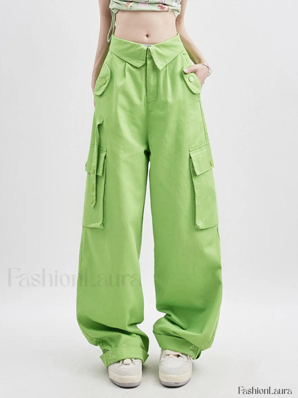 Buttoned High Waisted Cargo Pants Green / S Cargo Pants