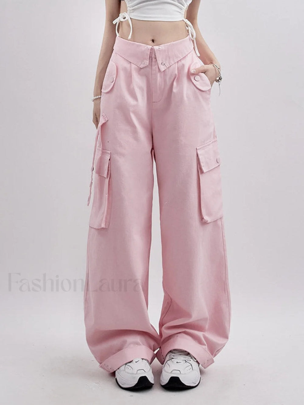 Buttoned High Waisted Cargo Pants Pink / S Cargo Pants